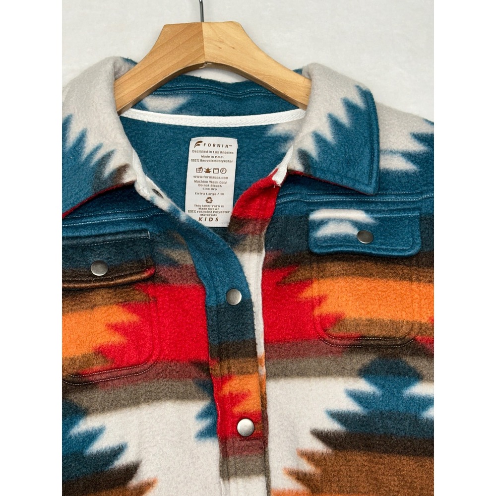 Fornia Kids XL 14 Fleece Southwestern Aztec‎ Teal Orange Snap Front Jacket
